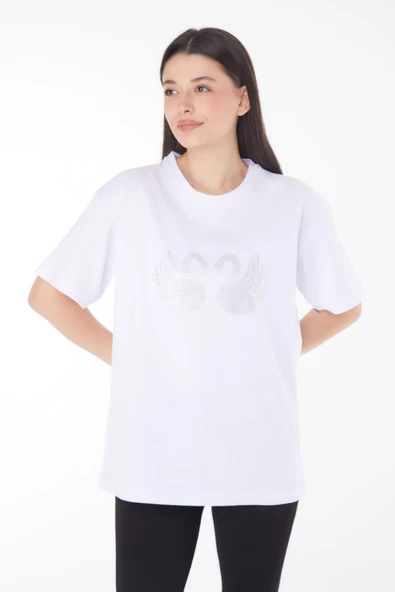 Düz Bisiklet Yaka Kadın Beyaz Taşlı T-shirt - 25696