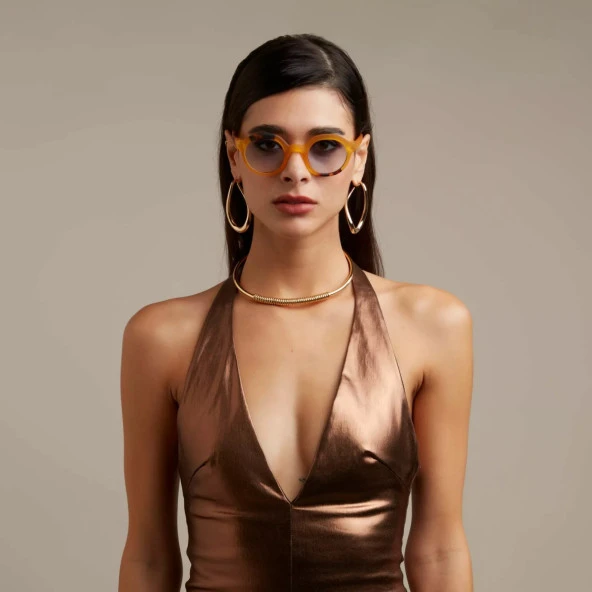 Okkia Lauro Unisex Yuvarlak Sarı Havana Güneş Gözlüğü Siyah Degrade Mavi Gradyan - Resim 8