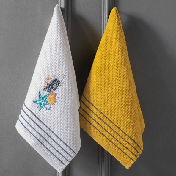 Schafer Home Nakışlı 2 li Kurulama Bezi 40x60 Cm-Beyaz/Hardal