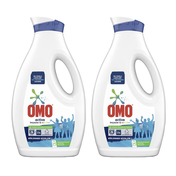 Omo Sıvı Deterjan Active Beyazlar Ve Renkliler 26 Yıkama 1690 Ml x 2 Adet