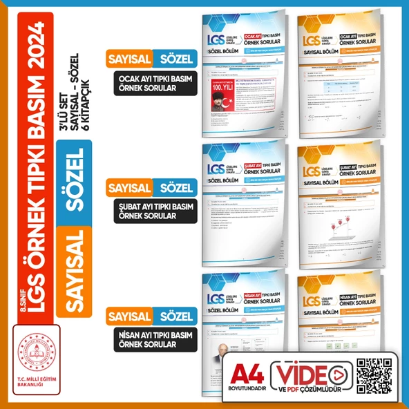 2024 8.Sınıf LGS Örnek Soru MEB Tıpkı Basım Kitapçıkları 3lü Set Sayısal-Sözel Video/PDF Çözümlü