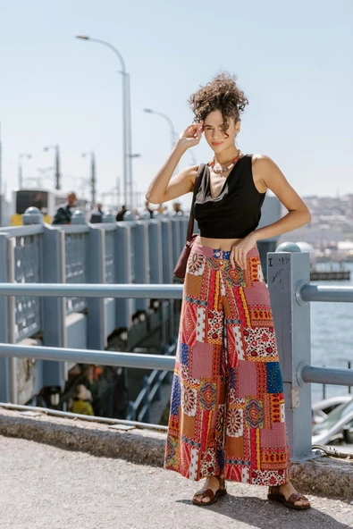 Palazzo Yüksek Bel Bol Kesim Kırmızı Desenli Pantolon - 3