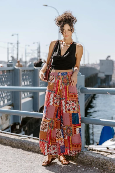 Palazzo Yüksek Bel Bol Kesim Kırmızı Desenli Pantolon - 5