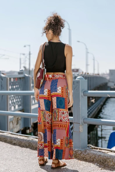 Palazzo Yüksek Bel Bol Kesim Kırmızı Desenli Pantolon - 2