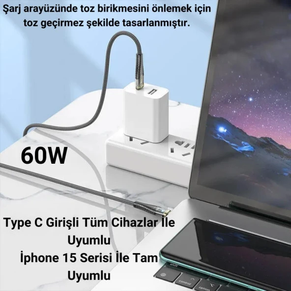 Coofbe Super Şarj Transparan 1.2Mt 60W Type-C to Type-C Şarj Kablosu Örgü Tasarım Kopmaz Kablo - 2