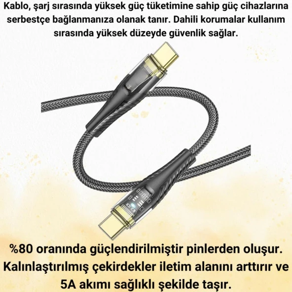 Coofbe Super Şarj Transparan 1.2Mt 60W Type-C to Type-C Şarj Kablosu Örgü Tasarım Kopmaz Kablo - 3