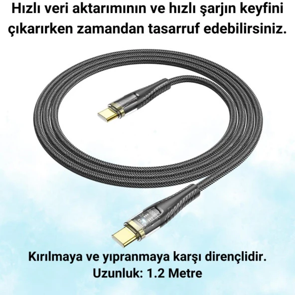 Coofbe Super Şarj Transparan 1.2Mt 60W Type-C to Type-C Şarj Kablosu Örgü Tasarım Kopmaz Kablo - 4