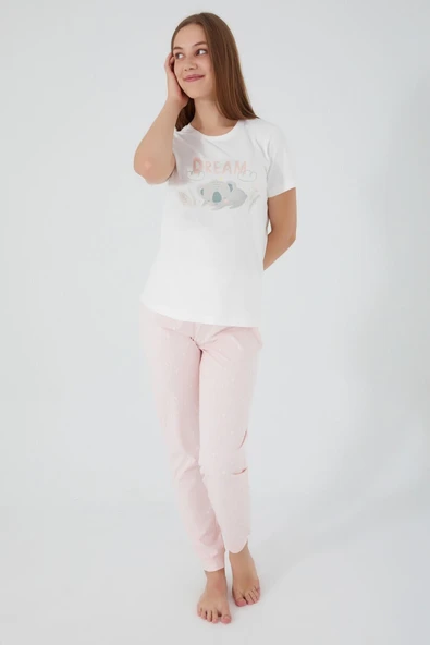 Rolypoly RP3105-S Koala Krem Toz Somon Kadın Kısa Kol Pijama Takım