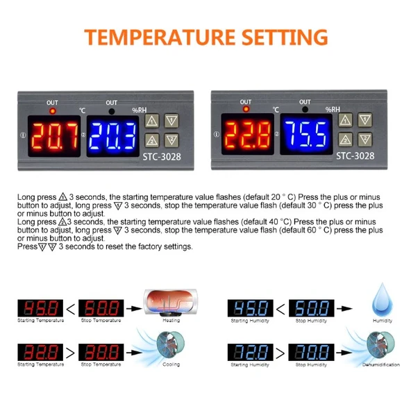 STC-3028 dijital sıcaklık nem ölçer 110-220V 10A termostat çift ekran termometre - 8