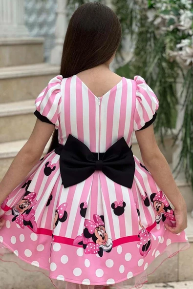 Kız Çocuk Minnie Baskılı Çizgi Detaylı Tüllü Pembe Elbise - Resim 2