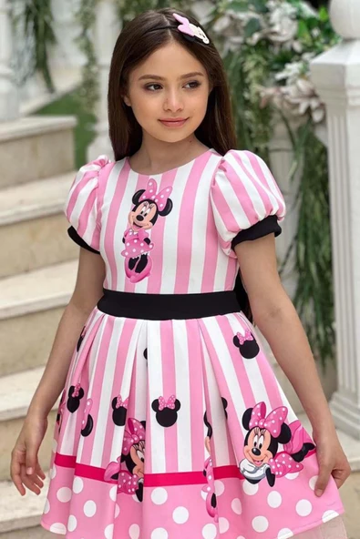 Kız Çocuk Minnie Baskılı Çizgi Detaylı Tüllü Pembe Elbise - Resim 3