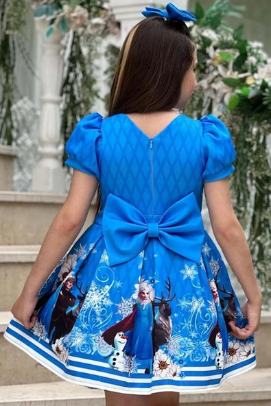 Kız Çocuk Karlar Prensesi Elsa Baskılı Mavi Elbise - Resim 2