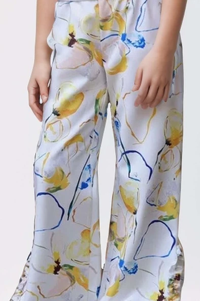 Kız Çocuk Gül Detaylı Tek Omuzlu Kaşkorse Bluz ve Dijital Baskılı Beyaz Alt Üst Takım - Resim 3