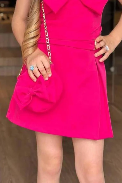 Kız Çocuk Fiyonk Detaylı İp Askılı Fuşya Şortlu Takım - Resim 5