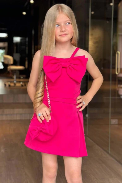 Kız Çocuk Fiyonk Detaylı İp Askılı Fuşya Şortlu Takım - Resim 9