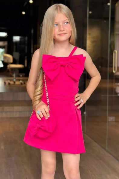 Kız Çocuk Fiyonk Detaylı İp Askılı Fuşya Şortlu Takım - Resim 3