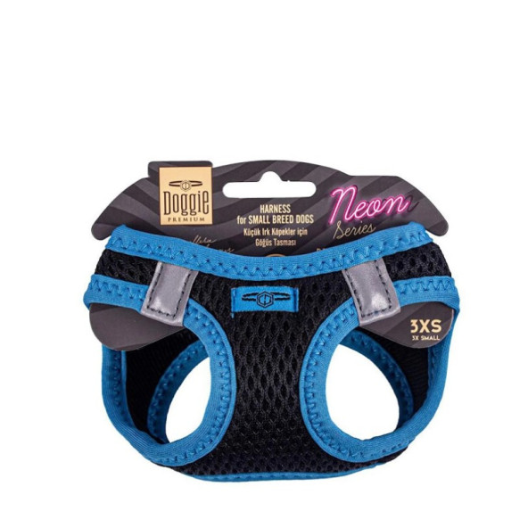 Doggie Havalı Dokuma Neon Serisi Küçük Irk Göğüs Tasması Mavi 3XS-22-26Cm