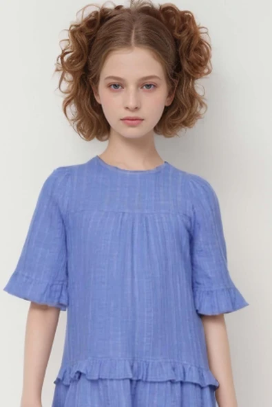 Kız Çocuk Kolu Lastikli Beli Fırfırlı Mavi Elbise - Resim 3