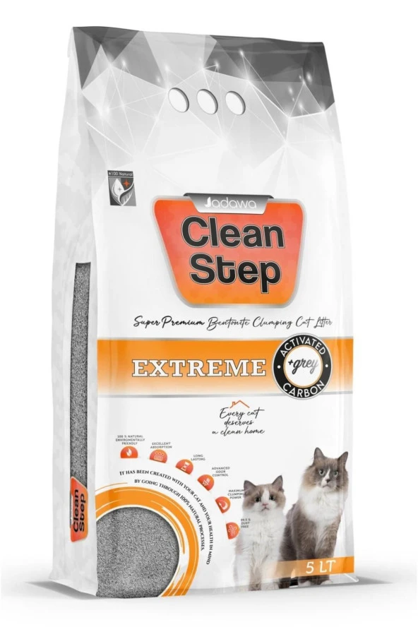 Clean Step Extreme Aktif Karbonlu Süper Güçlü Topaklanan Kokusuz (Parfümsüz) İnce Tane Bentonit Kedi kumu 5 lt