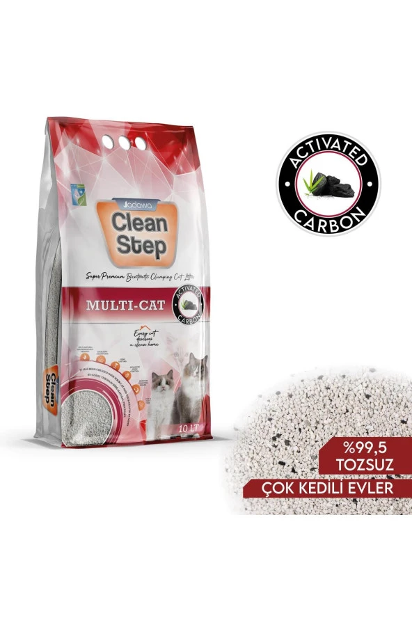 Clean Step Multi-cat Çoklu Kediler Için Aktif Karbonlu Topaklanan Ince Tane Bentonit Kedi Kumu 10 Lt