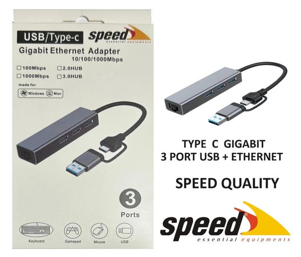 Speed UET01 10-100-1000 USB - Type c 3 Port USB 3.0 Çoklayıcı Gigabit Ethernet Çevirici