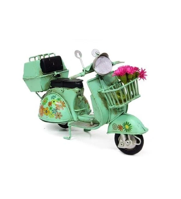 Vintage Dekoratif Sepetli Metal Scooter - Yeşil - 5