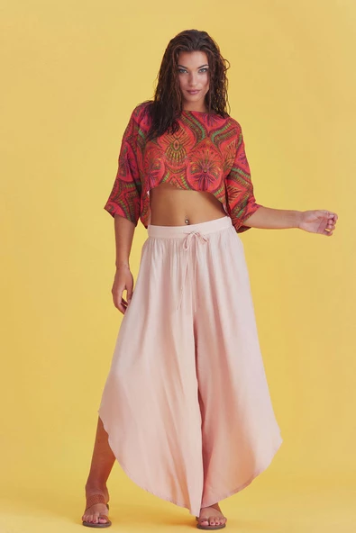 Paçası Detaylı Beli Lastikli Gül Kurusu Bol Paça Pantolon