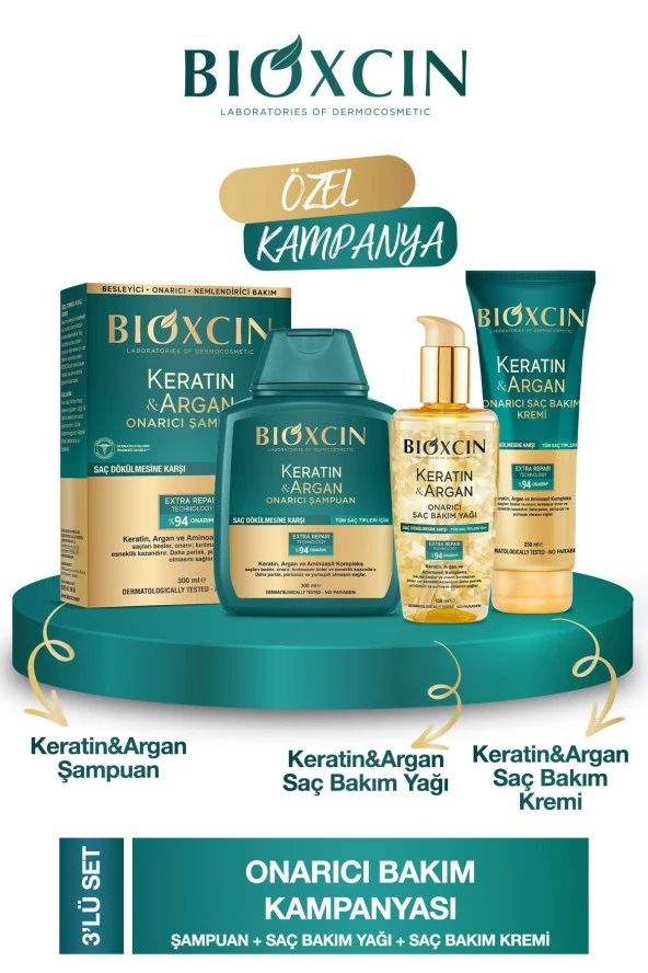 Keratin & Argan Onarıcı Şampuan 300ml + Keratin Argan Saç Bakım Yağı + Saç Kremi