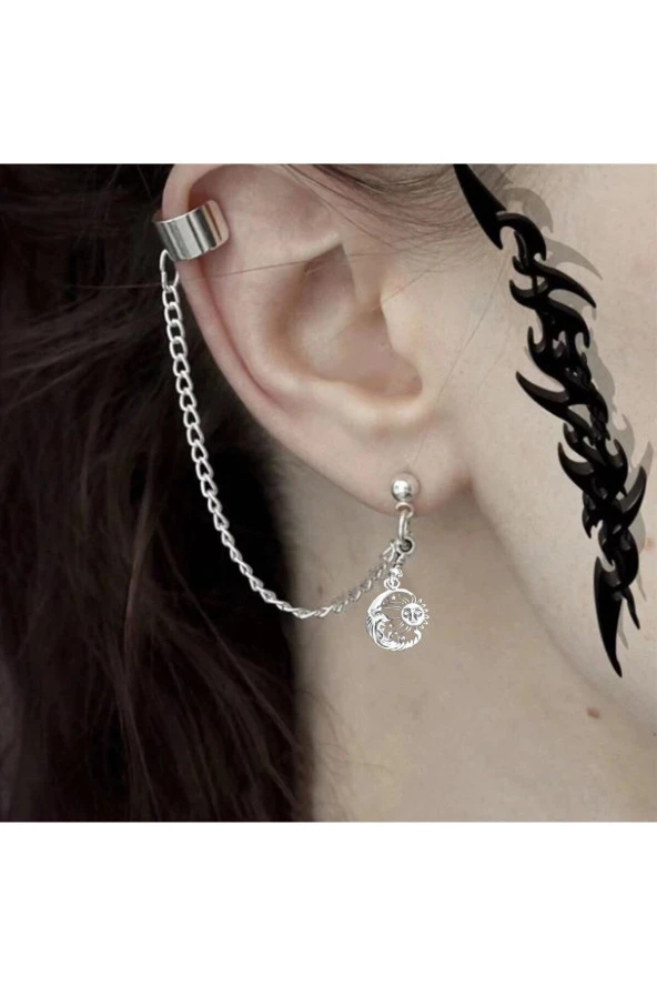 Bedliked  Gothic Punk Cross Uzun Zincirli Moon and Sun Küpe