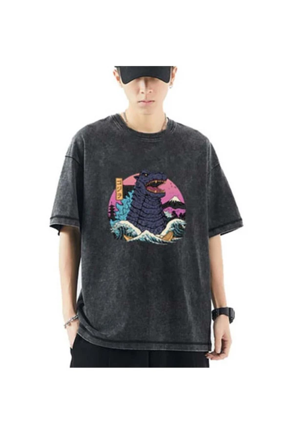 Yıkamalı Hokusai Godzilla Eskitme T-shirt