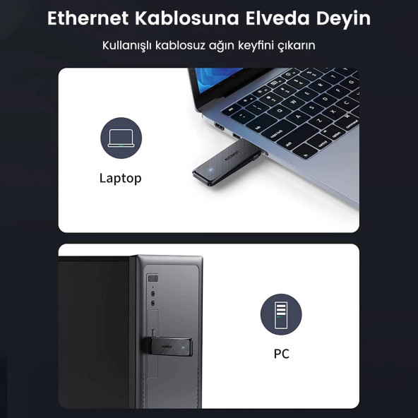 Ugreen AC1300 USB 3.0 1300Mbps 2.4/5Ghz Wi-Fi Kablosuz Alıcı Ağ Adaptörü - 4