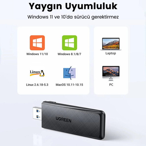 Ugreen AC1300 USB 3.0 1300Mbps 2.4/5Ghz Wi-Fi Kablosuz Alıcı Ağ Adaptörü - 6