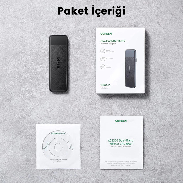 Ugreen AC1300 USB 3.0 1300Mbps 2.4/5Ghz Wi-Fi Kablosuz Alıcı Ağ Adaptörü - 7