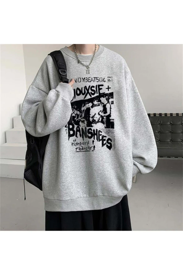Siouxsie Banshees Baskılı Gri Unisex Oversize Bisiklet Yaka Sweatshirt - 1
