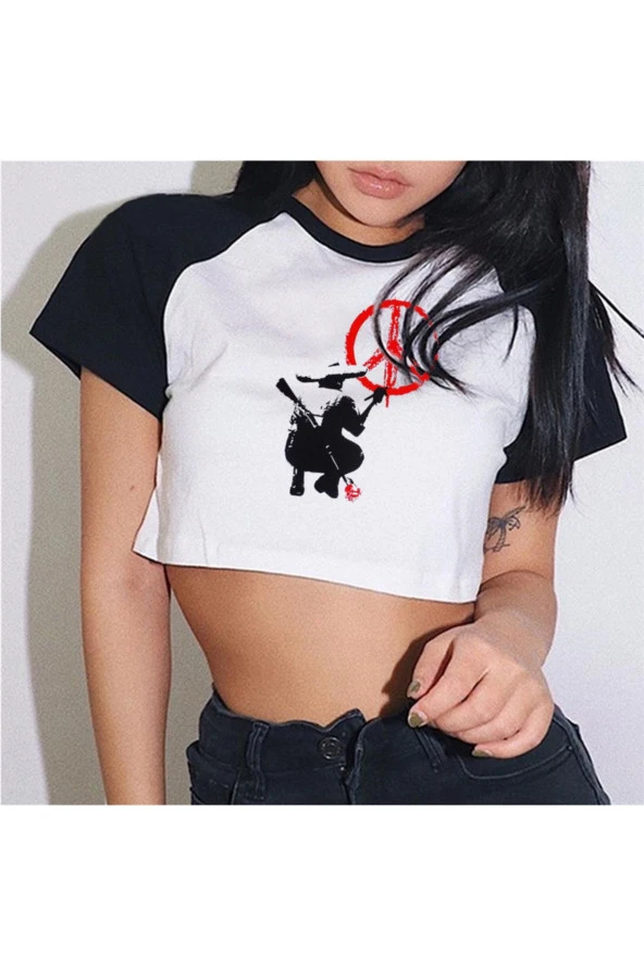 Y2k Peace Man Graffiti Baskılı Reglan Kol Beyaz Crop