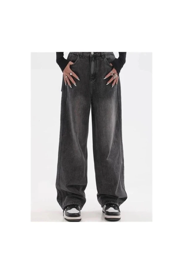 Y2k Siyah Yıkamalı Baggy Jean Bol Paça Pantolon