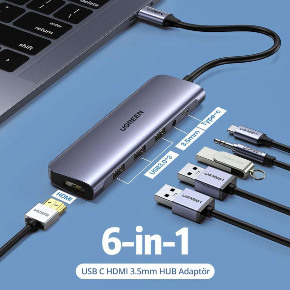 Ugreen 6 in 1 USB C to 3.5mm HDMI USB 3.0 Hub Çoklayıcı Adaptör - 3