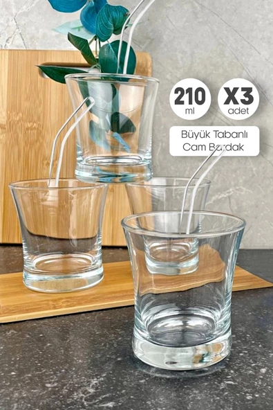 3'lü Classic Cam Pipetli Limanata Kokteyl Kalın Tabanlı Cam Bardak Meşrubat Su Bardağı 210ml