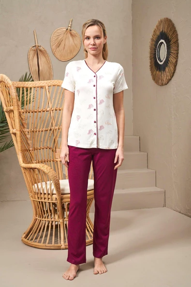 Pjs 25144 Kadın V Yaka Düğmeli Baskılı Kısa Kollu Pijama Takım
