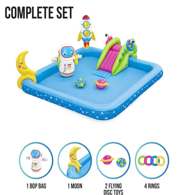 62002 Pompalı -Bestway 53126 Kaydıraklı, Aksesuarlı Astronot  figürlü Lunapark Şişme Eğlence Havuzu (228x206x84cm) - 2