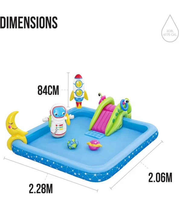 62002 Pompalı -Bestway 53126 Kaydıraklı, Aksesuarlı Astronot  figürlü Lunapark Şişme Eğlence Havuzu (228x206x84cm) - 7
