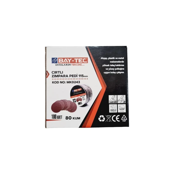 BAY-TEC Cırtlı Deliksiz Disk Zımpara V115 80 Kum | Kusursuz Pürüzsüzlük | 50 ADET