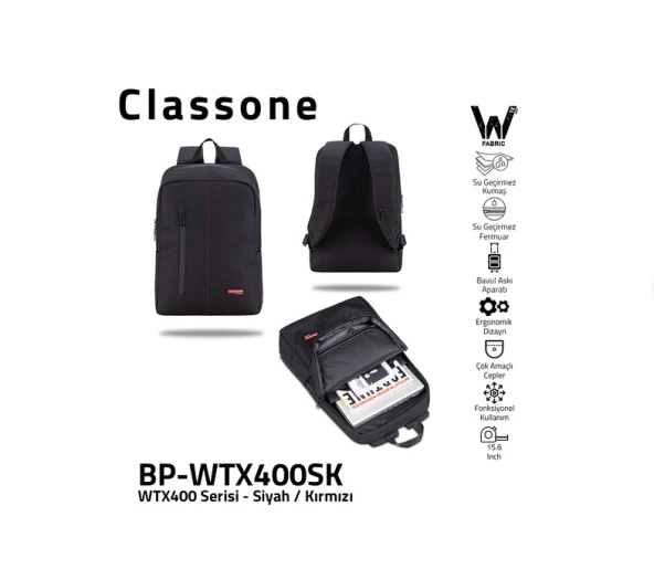 CLASSONE BP-WTX400SK 15,6" Su Geçirmez Kumaş Ve Fermuar Siyah Laptop Çantası