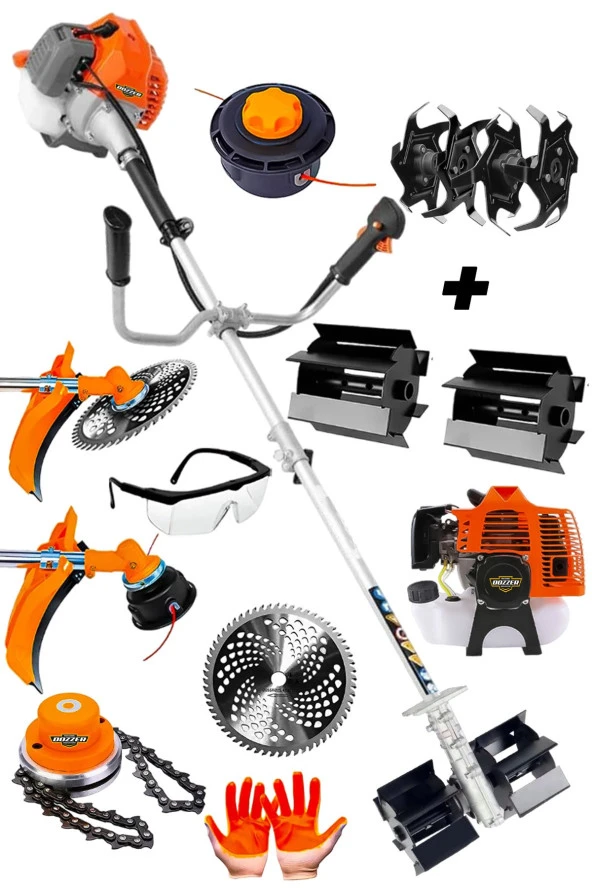 Dozzer Alman 2.1Hp Prof. Yan Tipi Benzinli Tırpan Ot Çalı Çim Biçme Makinesi + Akrobat +Dip Çapa