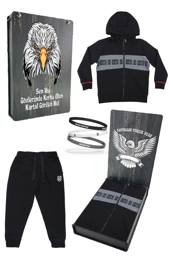 Beşiktaş Orijinal Çocuk Kapüşonlu Eşofman Takımı + Bileklik Set Hediyelik Ahşap Kutulu - 1