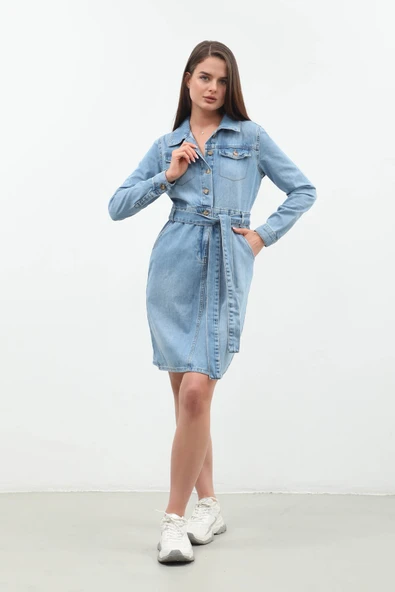 Kemerli Uzun Kollu Jean Elbise - 7