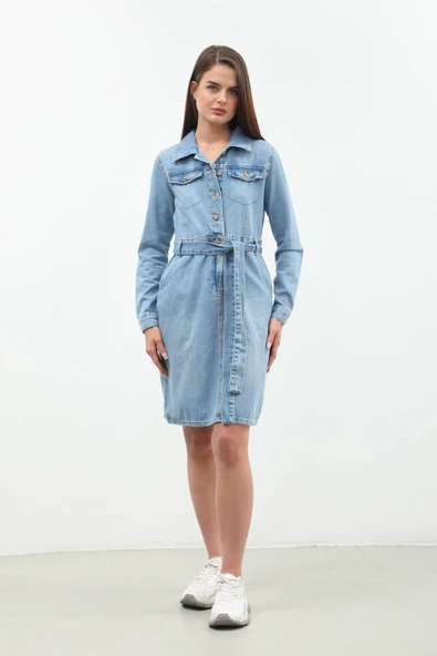 Kemerli Uzun Kollu Jean Elbise - 2
