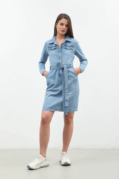 Kemerli Uzun Kollu Jean Elbise - 3