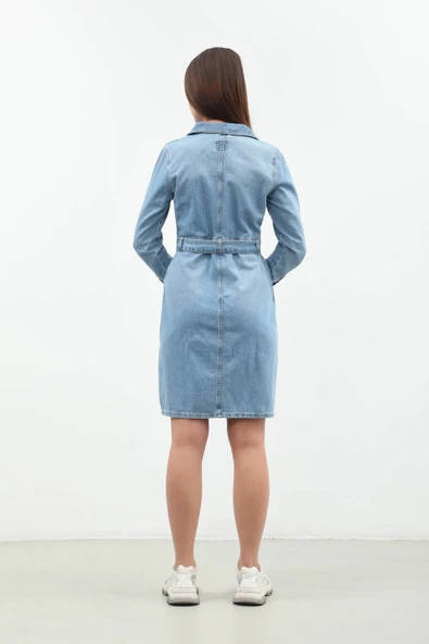 Kemerli Uzun Kollu Jean Elbise - 5