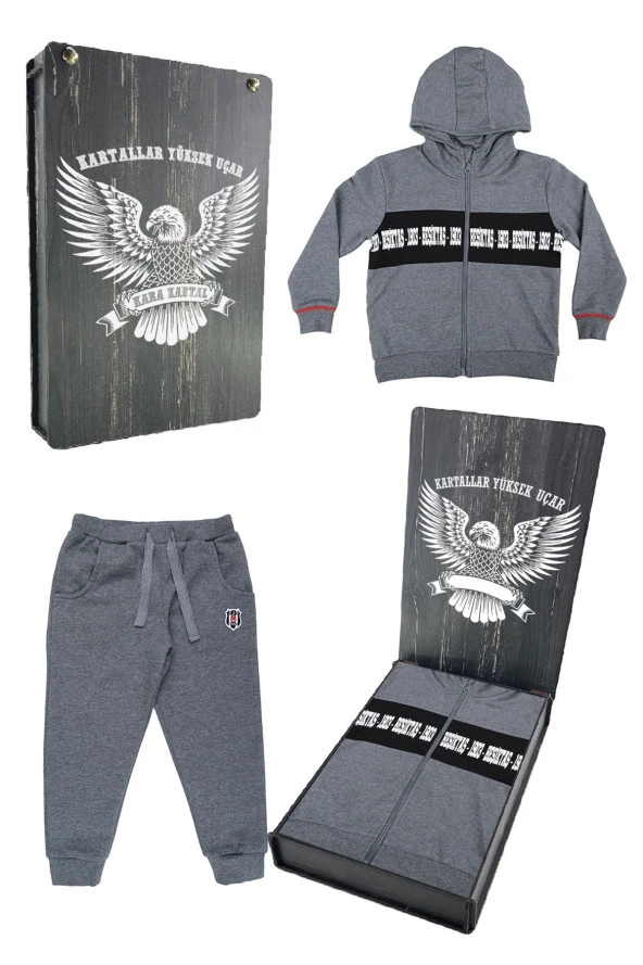 Beşiktaş Orijinal Çocuk Kapüşonlu Eşofman Takımı Hediyelik Ahşap Kutulu